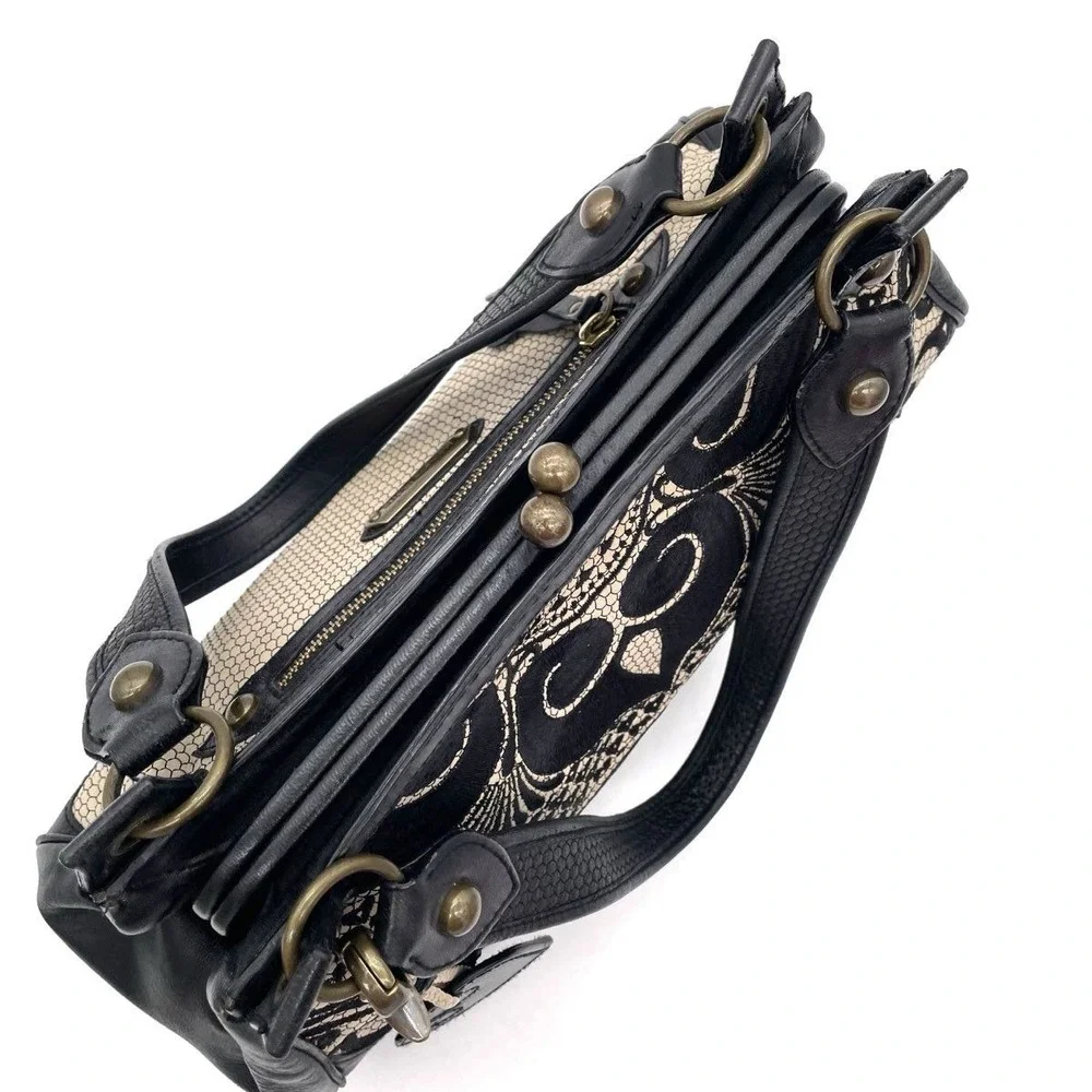 VTG Y2K Isabella Fiore Black Cream Leather Embroidered Satchel Shoulder Bag